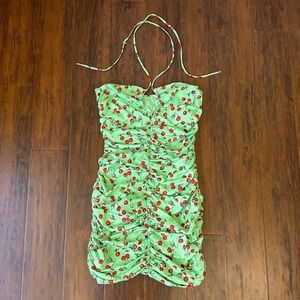 NWOT WAYF Noa Ruched Halter Mini Dress in Mint Cherry Julip